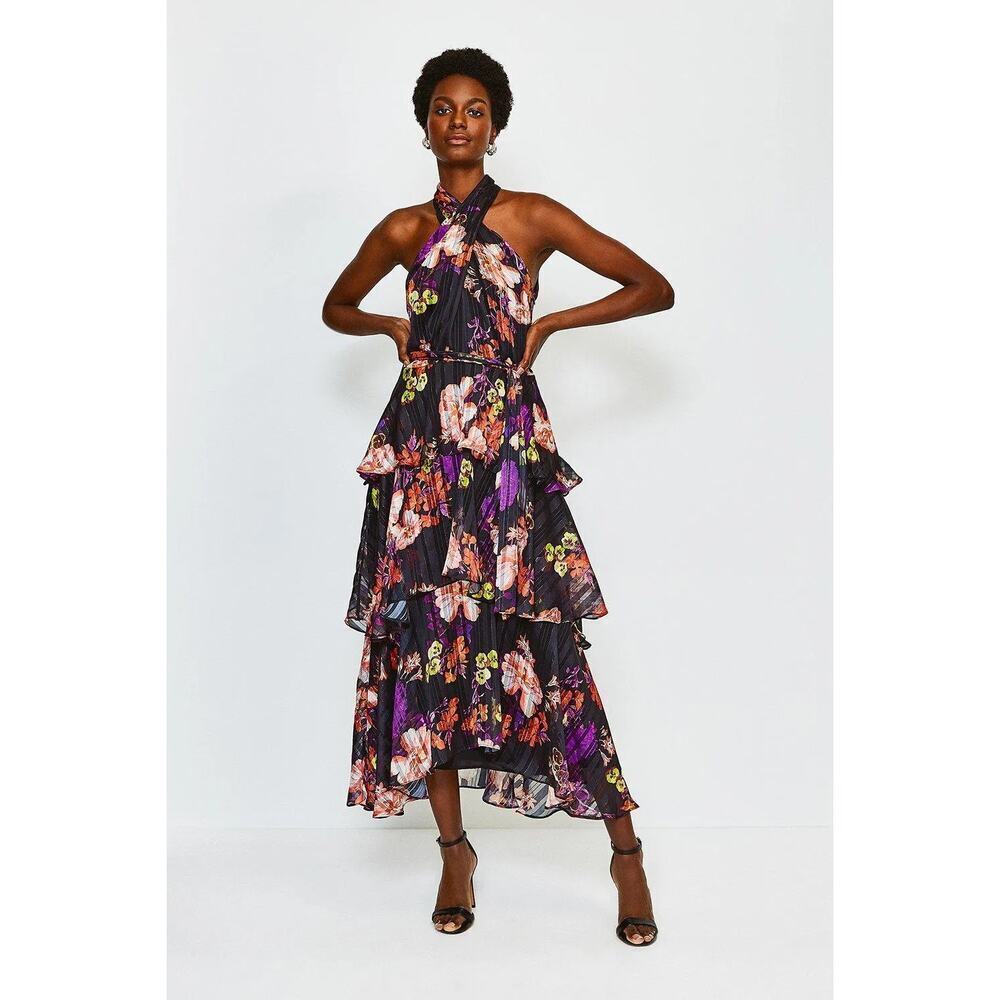 NWT Karen Millen Printed Halter Neck Satin Dress Women's Size US 2